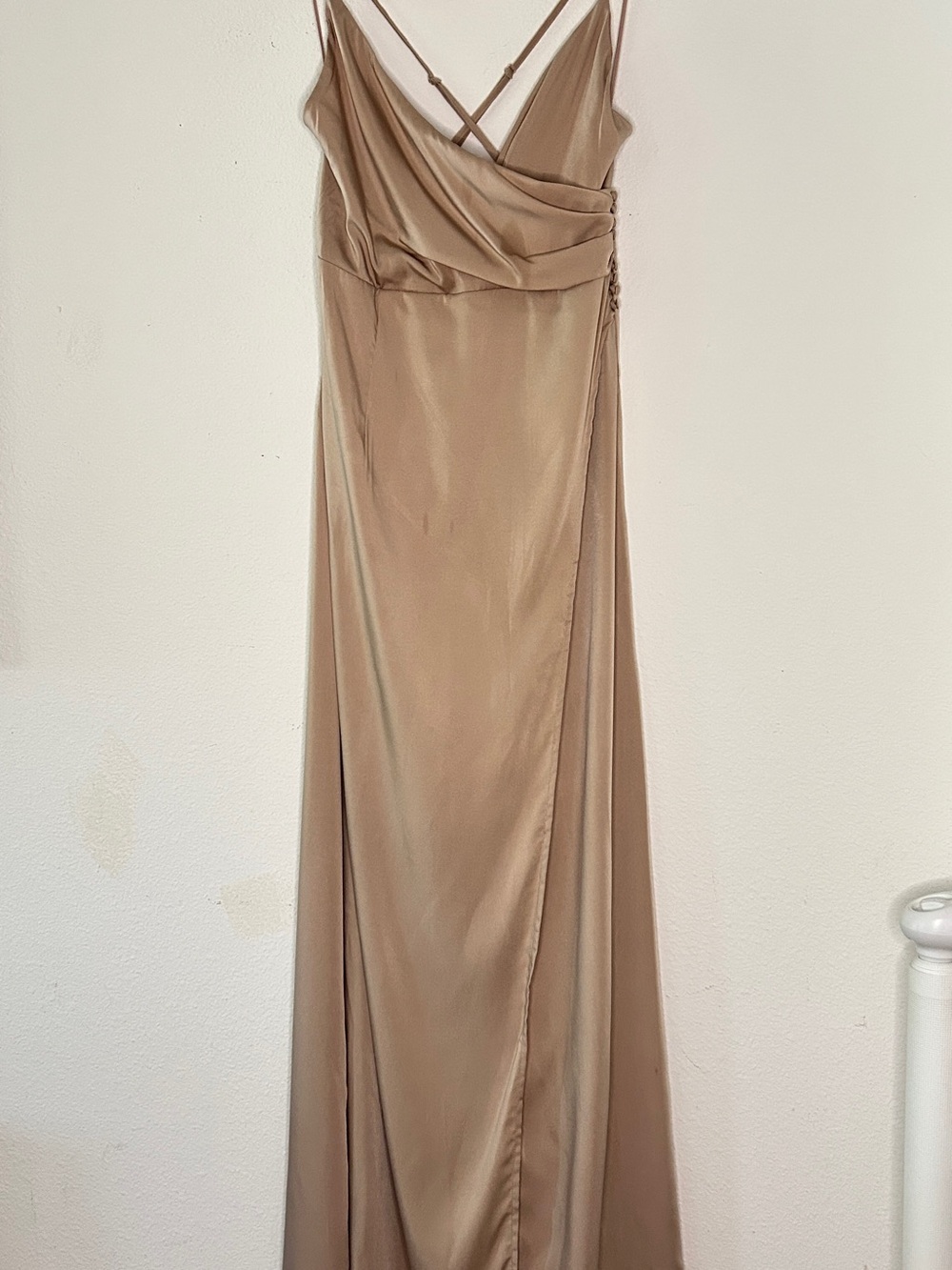 Champagne Taupe Satin Wrap Maxi Dress
